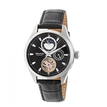 Heritor Automatic Sebastian Semi-Skeleton Leather-Band Watch - Black & Silver with Date and Moon Phase
