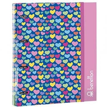 Carpeta 4 Anillas de 30mm de Benetton Cuori Oficial safta, Incluye 100 Hojas A4, Multicolor