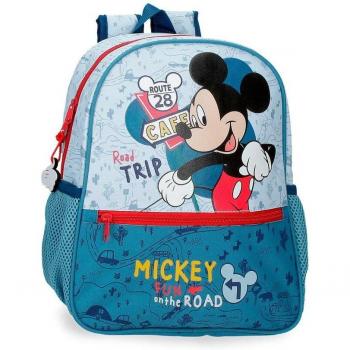 Mochila Infantil Disney Mickey Road Trip 33cm Azul con Bolsillos Laterales y Fabricación en Poliéster
