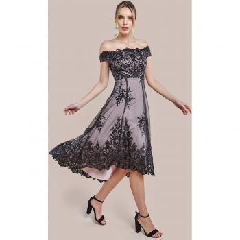 Goddiva Bardot Sequin & Lace High Low Midi Dress - Black
