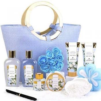 Cestas de Regalo para Mujer, Green Canyon Spa Set de Baño Mujer con Bolsa 10 Piezas Fragancia de Algodón Loción Corporal, Sales de Baño Caja SPA Regalo Ideal para Día de Valentín, Cumpleaños y Navidad