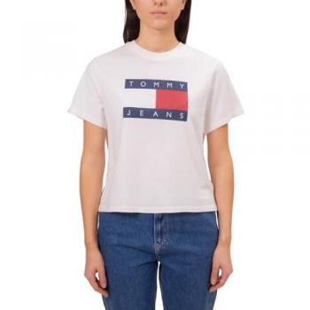 Camiseta de mujer Tommy Jeans Boxy con logo, manga corta, cuello redondo, color blanco, sostenible y de algodón reciclado