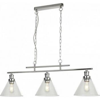 Lámpara colgante pirámide de acero cromado con 3 bombillas, altura de 95 cm, base E27 y detalles en cristal