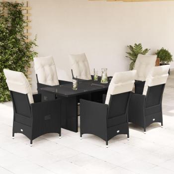 7-Piece Black Poly Rattan Garden Dining Set with Cushions