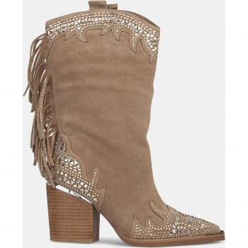 Botas de mujer de piel con detalle de flecos Alma en Pena 506, Tacón, color Marrón