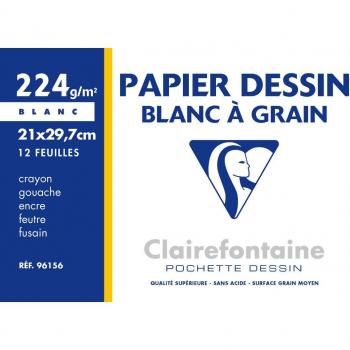 Clairefontaine 96156C - Pochette Dessin Scolaire - 12 Feuilles Papier Dessin Blanc à Grain - A4 21x29,7 cm 224g - Idéal pour les Arts Plastiques