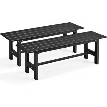 Costway 2-Pack Black HDPE Outdoor Benches with Metal Frame - Durable Garden Seating