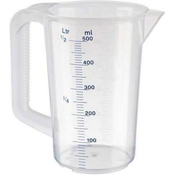Vaso medidor APS de 0,5 litros, Ø 9,5 x H: 14 cm, vaso de plástico con escala de medición en relieve en el exterior, asa cerrada, graduación en ml, apto para lavavajillas