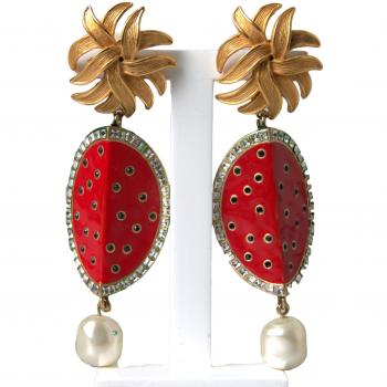 Dolce & Gabbana Red Watermelon Gold Brass Crystal Clip Dangling Earrings, female, Yellow, Size: ONE SIZE