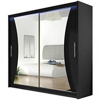 Armario Atlanta 124, Mueble de almacenamiento, características: color negro, dimensiones 180 x 215 x 57 cm, tipo de puertas: correderas, incluye iluminación LED