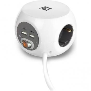 Regleta Cubo ACT AC2415 con 3 Enchufes Schuko, 2 Puertos USB-C, 2 Puertos USB-A y Cable de 1.5m