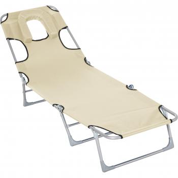 Outsunny Tumbona Reclinable y Plegable de Jardín con Orificio de Lectura Reposacabezas y Respaldo Ajustable en 5 Niveles 182x56x24,5 cm Be