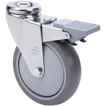 Rueda giratoria Alex serie A-PU con agujero pasante, freno, soporte y bolas de poliuretano gris