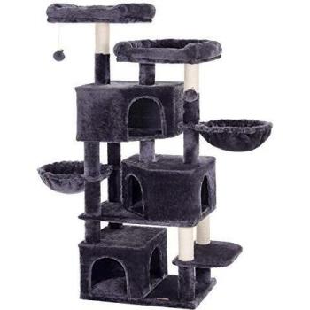 Casa para gatos grande de 164 cm, 3 cuevas, 2 hamacas, 2 plataformas, árbol rascador, color gris antracita o claro