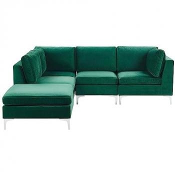 Sofá Esquinero Modular Derecho de Terciopelo Verde 4 Plazas con Ottomana y Patas Metálicas Plateadas