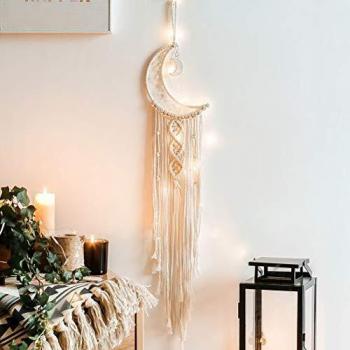 Macrame Colgante de pared Pequeño arte, Atrapasueños en forma de luna Adornos tejidos de cuerda de algodón Arte de pared tejido - Tapiz tejido-Decoración de la pared interior decorativa para el hogar