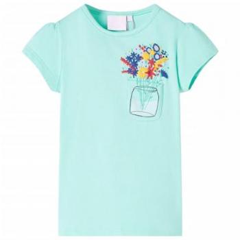 Camiseta Infantil de Manga Corta con Estampado de Flores en Verde Menta Claro 116