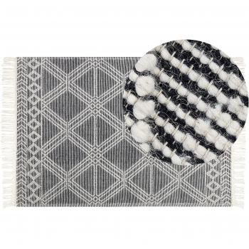 Alfombra Geométrica Gris y Blanco de Lana y Algodón 160 x 230 cm Tejida a Mano con Flecos