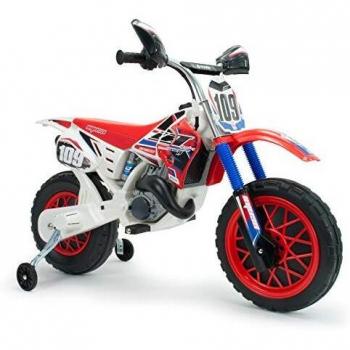 INJUSA - Moto Cross CR a Batería de 6V Color Blanco con Bandas de Goma en la Rueda Motriz Ruedas de Apoyo y Acelerador en Puño Recomendada a Niños +3 Años Velocidad Máxima de 5 Km/h