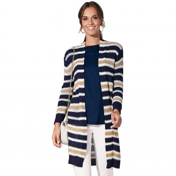 Chaqueta Larga cárdigan Rayas Punto fantasía Mujer by Vencastyle - 024246,Rayas Azul Marino,XL