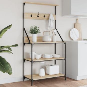 Estantería de cocina con ganchos, 4 niveles, madera de ingeniería roble
