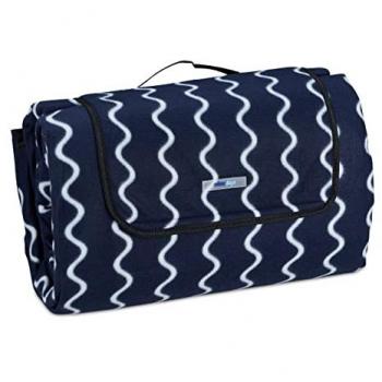 Manta Pícnic XXL Aislante e Impermeable 200x300 cm con Asa, Diseño de Ondas Azul Oscuro/Blanco