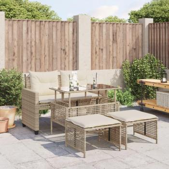 Set de Sofá de Jardín 4 Piezas con Cojines Beige en Polyrattan y Vidrio