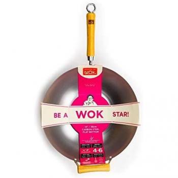 Wok de Acero al Carbono 36 cm con Mango de Bambú y Fondo Plano
