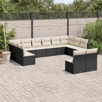 12-Piece Black Poly Rattan Garden Sofa Set with Cushions