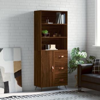 Aparador alto de madera contrachapada marrón roble 69,5x34x180 cm con 1 puerta y 3 cajones, mueble de almacenaje para salón, buffet y armario auxiliar
