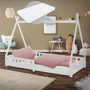 Cama Infantil Tipi Blanca de Madera de Pino con Colchón Hipoalergénico y Protección Anticaída 90x200 cm