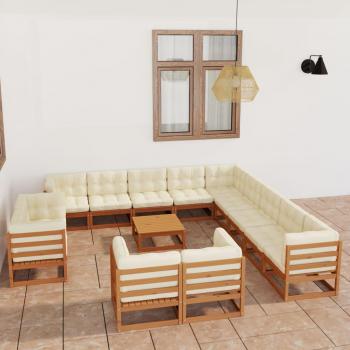 Set de muebles de jardín 14 piezas con cojines marrón miel en madera de pino