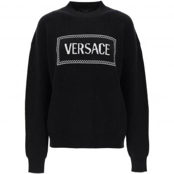 Versace Women's Black Logo Inlay Crew-Neck Sweater, Size XS