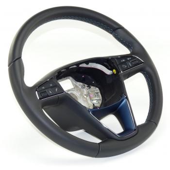 Seat piel Volante Volante Piel para pantalla multifunción, piel negro con costuras azules.
