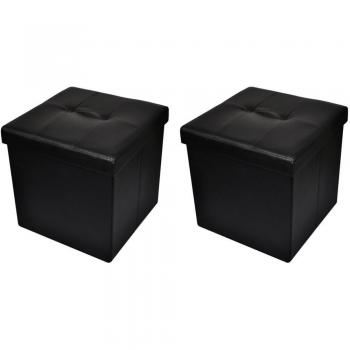 vidaXL Taburete Negro Plegable de Almacenamiento Otomano Reposapiés 2 Piezas