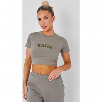 Kaiia Slogan Baby Tee Khaki