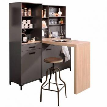 Módulos de Cocina Smoke Color Gris y Roble con Barra, Módulo Inferior, Estantería y Columna