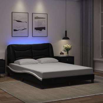 Estructura de cama 140x190 cm de cuero blanco y negro con luces LED