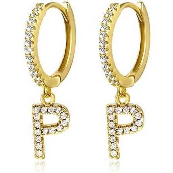 Pendientes de aro con inicial A-Z para mujer, chapados en oro blanco de 14 quilates, circonita cúbica, personalizados, 26 letras, regalo para ella
