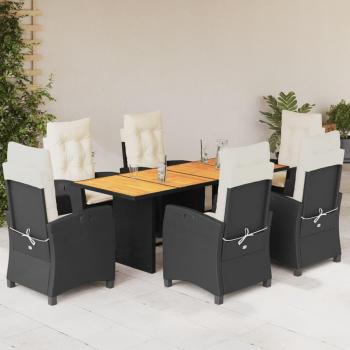 7-Piece Black Poly Rattan Garden Dining Set with Cushions