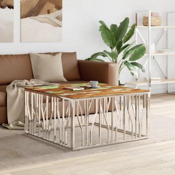 Mesa de centro de acero inoxidable y madera maciza de acacia en colores plateado, dorado y marrón claro - Mesita de salón o comedor auxiliar, mesa de café