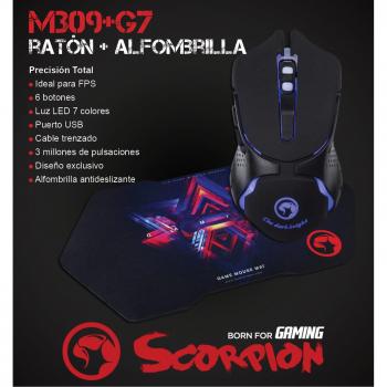 Scorpion MA-M309+G7 - Ratón Gaming y Alfombrilla, Color Negro