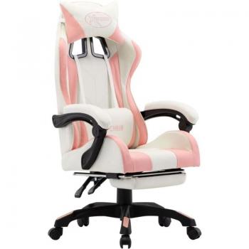 Silla Gaming con Reposapiés de Cuero Sintético Rosa y Blanco