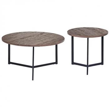 Conjunto de 2 Mesas Auxiliares Redondas de Madera Oscura con Patas de Metal Negro (Mediana y Grande)