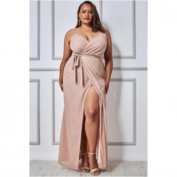 Goddiva Plus Wrap Style Spaghetti Strap Maxi Split Dress - Blush