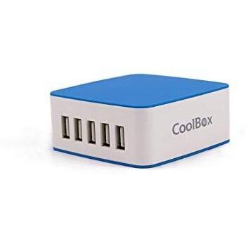 CoolBox RT-5 - Cargador USB de Pared, Carga hasta 5 Dispositivos a la Vez, Superficie Suave. Color Azul y Blanco