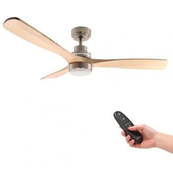 Ventilador de Techo LED Niquel/Haya 18W DC con Mando a Distancia, Motor DC 30W, Luz LED 18W, 6 Velocidades, Silencioso, 3 Aspas de