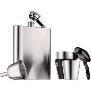 WMF - Manhattan Juego Petaca, 4 Vasos Chupitos, Embudo, Estuche Cuero, Acero Inoxidable 18/10, Mate, Regalo