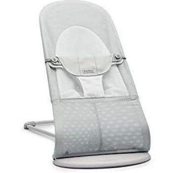 BabyBjörn Hamaca Balance Soft, Bastidor gris claro, Malla, Plata/Blanco