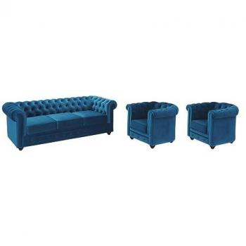 Sofá Chesterfield 3 plazas y 2 sillones de terciopelo azul canard - Vintage - Fijo - Confort firme